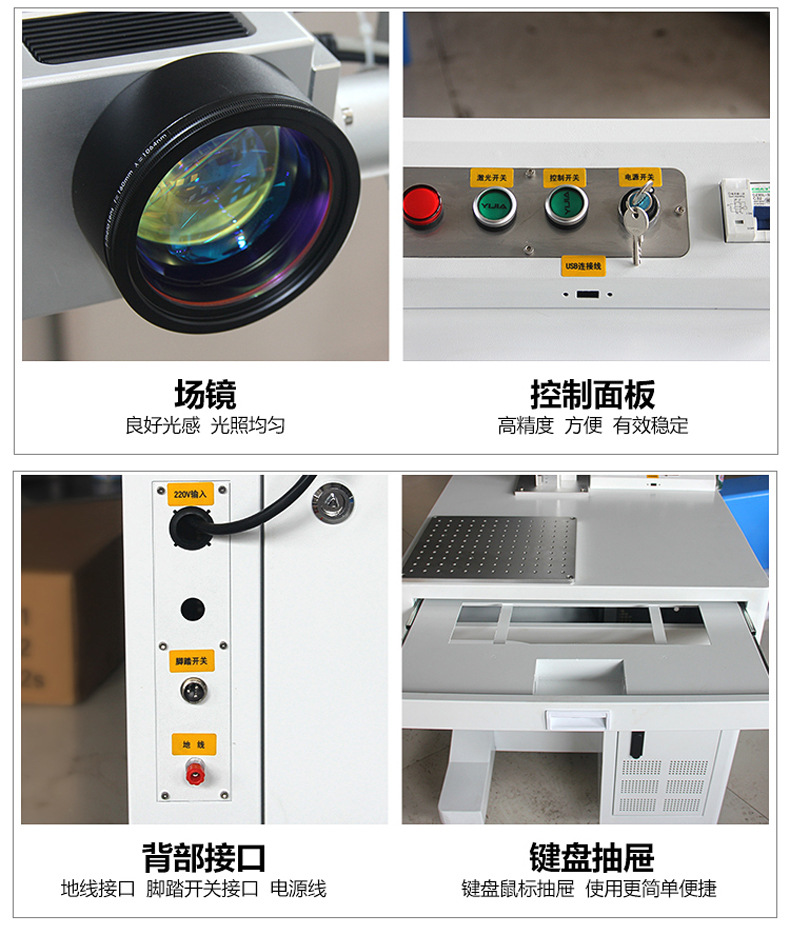 臺式小型光纖激光打碼機(jī)的場鏡、控制面板、背部接口、鍵盤抽屜展示圖